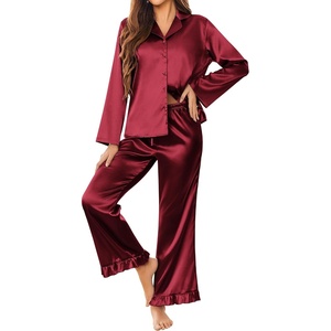 image:imageEkouaer Satin Pajama Set for Women Long Button Down Silk Pj with Ruffle  2 Piece Classic Sleepwear Notch Collar Soft Loungewear for Sleep Loung Wedding Bridal PartyWine Red