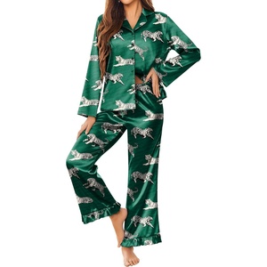 image:imageEkouaer Satin Pajama Set for Women Long Button Down Silk Pj with Ruffle  2 Piece Classic Sleepwear Notch Collar Soft Loungewear for Sleep Loung Wedding Bridal PartyGreen With Tiger