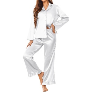 image:imageEkouaer Satin Pajama Set for Women Long Button Down Silk Pj with Ruffle  2 Piece Classic Sleepwear Notch Collar Soft Loungewear for Sleep Loung Wedding Bridal PartyWhite