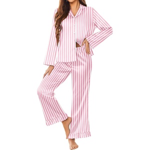 image:imageEkouaer Satin Pajama Set for Women Long Button Down Silk Pj with Ruffle  2 Piece Classic Sleepwear Notch Collar Soft Loungewear for Sleep Loung Wedding Bridal PartyPink Striped