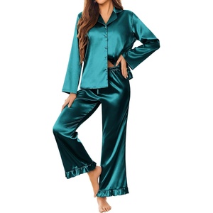 image:imageEkouaer Satin Pajama Set for Women Long Button Down Silk Pj with Ruffle  2 Piece Classic Sleepwear Notch Collar Soft Loungewear for Sleep Loung Wedding Bridal PartyBlue Green
