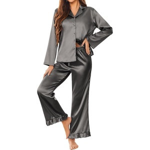 image:imageEkouaer Satin Pajama Set for Women Long Button Down Silk Pj with Ruffle  2 Piece Classic Sleepwear Notch Collar Soft Loungewear for Sleep Loung Wedding Bridal PartyDeep Grey