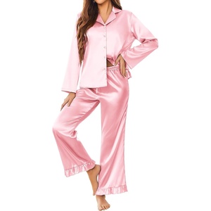 image:imageEkouaer Satin Pajama Set for Women Long Button Down Silk Pj with Ruffle  2 Piece Classic Sleepwear Notch Collar Soft Loungewear for Sleep Loung Wedding Bridal PartyPink