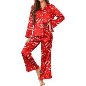 image:imageEkouaer Satin Pajama Set for Women Long Button Down Silk Pj with Ruffle  2 Piece Classic Sleepwear Notch Collar Soft Loungewear for Sleep Loung Wedding Bridal PartyChristmas Red