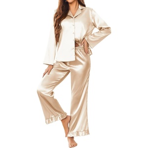image:imageEkouaer Satin Pajama Set for Women Long Button Down Silk Pj with Ruffle  2 Piece Classic Sleepwear Notch Collar Soft Loungewear for Sleep Loung Wedding Bridal PartyChampagne