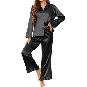 image:imageEkouaer Satin Pajama Set for Women Long Button Down Silk Pj with Ruffle  2 Piece Classic Sleepwear Notch Collar Soft Loungewear for Sleep Loung Wedding Bridal PartyBlack