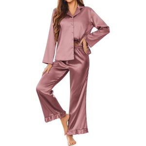 image:imageEkouaer Satin Pajama Set for Women Long Button Down Silk Pj with Ruffle  2 Piece Classic Sleepwear Notch Collar Soft Loungewear for Sleep Loung Wedding Bridal PartyLotus Color