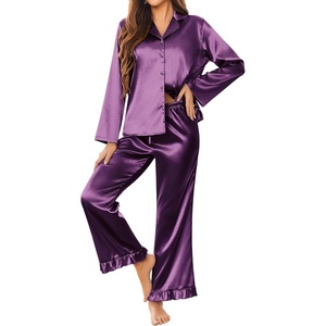 image:imageEkouaer Satin Pajama Set for Women Long Button Down Silk Pj with Ruffle  2 Piece Classic Sleepwear Notch Collar Soft Loungewear for Sleep Loung Wedding Bridal PartyPurple