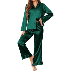 image:imageEkouaer Satin Pajama Set for Women Long Button Down Silk Pj with Ruffle  2 Piece Classic Sleepwear Notch Collar Soft Loungewear for Sleep Loung Wedding Bridal PartyGreen