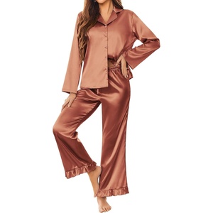 image:imageEkouaer Satin Pajama Set for Women Long Button Down Silk Pj with Ruffle  2 Piece Classic Sleepwear Notch Collar Soft Loungewear for Sleep Loung Wedding Bridal PartyBrown