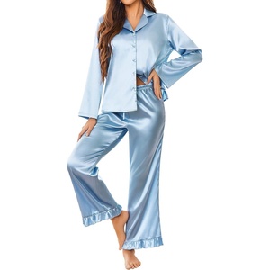 image:imageEkouaer Satin Pajama Set for Women Long Button Down Silk Pj with Ruffle  2 Piece Classic Sleepwear Notch Collar Soft Loungewear for Sleep Loung Wedding Bridal PartyClear Blue