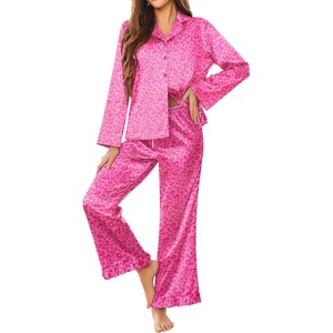 image:imageEkouaer Satin Pajama Set for Women Long Button Down Silk Pj with Ruffle  2 Piece Classic Sleepwear Notch Collar Soft Loungewear for Sleep Loung Wedding Bridal PartyHot Pink Leopard