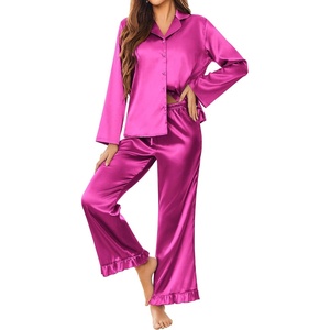 image:imageEkouaer Satin Pajama Set for Women Long Button Down Silk Pj with Ruffle  2 Piece Classic Sleepwear Notch Collar Soft Loungewear for Sleep Loung Wedding Bridal PartyRose