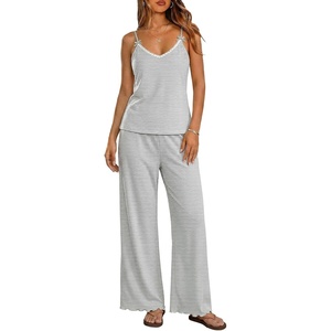 image:imageEkouaer Womens Cami Pajamas Set Y2K 2 Piece Lace Trim PJs Set Sleepwear  Buttery SoftLoungewearAdjustable Spaghetti StrapsSide PocketsTrendy Cami SleepwearLoungingVacationXS2XLStripe Grey White