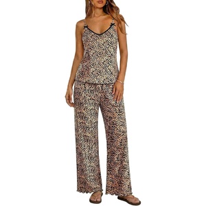 image:imageEkouaer Womens Cami Pajamas Set Y2K 2 Piece Lace Trim PJs Set Sleepwear  Buttery SoftLoungewearAdjustable Spaghetti StrapsSide PocketsTrendy Cami SleepwearLoungingVacationXS2XLBrown Leopard