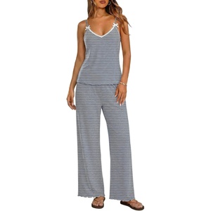 image:imageEkouaer Womens Cami Pajamas Set Y2K 2 Piece Lace Trim PJs Set Sleepwear  Buttery SoftLoungewearAdjustable Spaghetti StrapsSide PocketsTrendy Cami SleepwearLoungingVacationXS2XLStripe Blue White