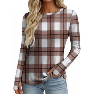 image:imageEkouaer Womens Long Sleeve Shirts Thumb Hole Tops Thermal Fall Clothes  Crew Neck T Shirts Loose Fit Undershirts Layering Casual Work Winter OutfitsBrown White Plaid