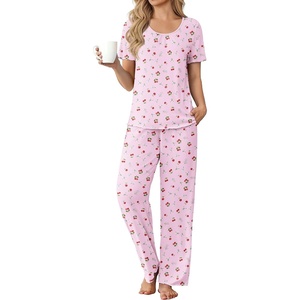 image:imageEkouaer Womens Pajama Sets Viscose from Bamboo Top With Pants Lounge Set  Soft Viscose from Bamboo Short Sleeve with Pants Sets Modal Daily WearMonthers Day GiftCherry and Flowers