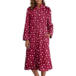 image:imageEkouaer Womens Zipper Front Robes Full Length Nightgowns with Pockets Flannel Winter Sleepwear SXXLRed Stars