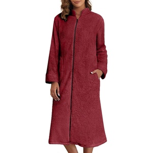image:imageEkouaer Womens Zipper Front Robes Full Length Nightgowns with Pockets Flannel Winter Sleepwear SXXLWine Red