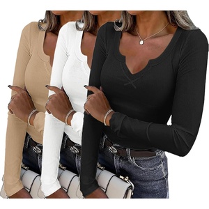 image:imageWomens Long Sleeve Shirts V Neck Slim Fit Tops Thermal Undershirts 3 Pack  Long sleeve shirts for women ribbed texture and slim fit design for sweater layers work outfits and everyday wearBlackWhiteKhaki