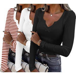 image:imageWomens Long Sleeve Shirts V Neck Slim Fit Tops Thermal Undershirts 3 Pack  Long sleeve shirts for women ribbed texture and slim fit design for sweater layers work outfits and everyday wearRed White StrippedBlackWhite