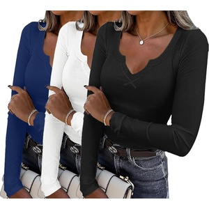 image:imageWomens Long Sleeve Shirts V Neck Slim Fit Tops Thermal Undershirts 3 Pack  Long sleeve shirts for women ribbed texture and slim fit design for sweater layers work outfits and everyday wearBlackWhiteDeep Blue