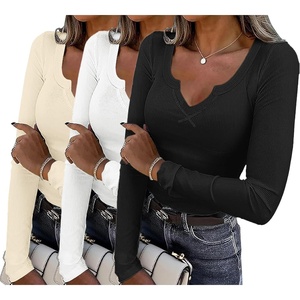 image:imageWomens Long Sleeve Shirts V Neck Slim Fit Tops Thermal Undershirts 3 Pack  Long sleeve shirts for women ribbed texture and slim fit design for sweater layers work outfits and everyday wearBlackBeigeWhite
