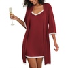 image:imageEkouaer Womens Nightgown and Robe Set 34 Sleeves Robes 2 Piece Bathrobe Set Vneck Lace Cami Sleepwear with Pockets S2XLWine Red