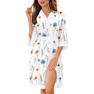 image:imageEkouaer Robes for Women Bathrobe Lightweight Robe 34 Sleeve Knit Sleepwear  Summer Robe for Women with Pockets Knee Length Womens Robe Kimono SleepwearWhite Blue Flowers