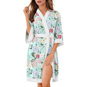 image:imageEkouaer Robes for Women Bathrobe Lightweight Robe 34 Sleeve Knit Sleepwear  Summer Robe for Women with Pockets Knee Length Womens Robe Kimono SleepwearGreen Flower