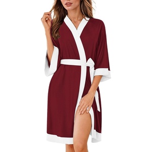 image:imageEkouaer Robes for Women Bathrobe Lightweight Robe 34 Sleeve Knit Sleepwear  Summer Robe for Women with Pockets Knee Length Womens Robe Kimono SleepwearWine Red