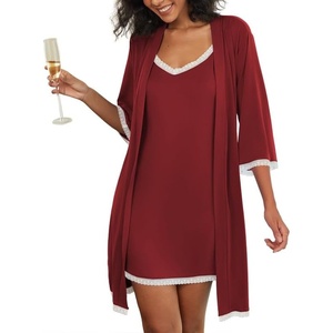 image:imageEkouaer Womens Nightgown and Robe Set 34 Sleeves Robes 2 Piece Bathrobe Set Vneck Lace Cami Sleepwear with Pockets S2XLWine Red