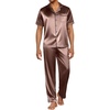 image:imageEkouaer Mens Satin Pajama Set Short Sleeve Button Down Sleepwear with Pant  Soft Cozy Summer Fall Elastic Waist Long Pants Pocket Casual Loungewear Silk Satin Pjs for Casual Daily WearBrown