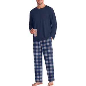 image:imageEkouaer Mens Long Sleeve TShirt Pajama Set Soft 2 Piece Lounge Set  Lightweight Long Sleeve Shirts and Bottoms Soft Comfy Sleep Sets2 Pieces LoungewearCrew NeckBlue Plaid