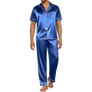 image:imageEkouaer Mens Satin Pajama Set Short Sleeve Button Down Sleepwear with Pant  Soft Cozy Summer Fall Elastic Waist Long Pants Pocket Casual Loungewear Silk Satin Pjs for Casual Daily WearBlue
