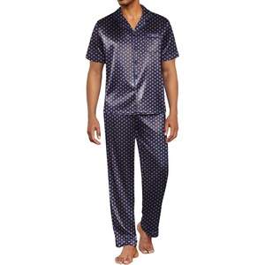 image:imageEkouaer Mens Satin Pajama Set Short Sleeve Button Down Sleepwear with Pant  Soft Cozy Summer Fall Elastic Waist Long Pants Pocket Casual Loungewear Silk Satin Pjs for Casual Daily WearNavy Gold