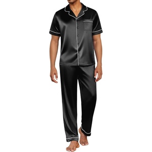 image:imageEkouaer Mens Satin Pajama Set Short Sleeve Button Down Sleepwear with Pant  Soft Cozy Summer Fall Elastic Waist Long Pants Pocket Casual Loungewear Silk Satin Pjs for Casual Daily WearBlack