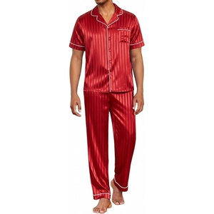 image:imageEkouaer Mens Satin Pajama Set Short Sleeve Button Down Sleepwear with Pant  Soft Cozy Summer Fall Elastic Waist Long Pants Pocket Casual Loungewear Silk Satin Pjs for Casual Daily WearStripesRed
