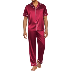 image:imageEkouaer Mens Satin Pajama Set Short Sleeve Button Down Sleepwear with Pant  Soft Cozy Summer Fall Elastic Waist Long Pants Pocket Casual Loungewear Silk Satin Pjs for Casual Daily WearRed
