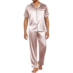 image:imageEkouaer Mens Satin Pajama Set Short Sleeve Button Down Sleepwear with Pant  Soft Cozy Summer Fall Elastic Waist Long Pants Pocket Casual Loungewear Silk Satin Pjs for Casual Daily WearChampagne