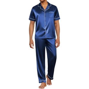 image:imageEkouaer Mens Satin Pajama Set Short Sleeve Button Down Sleepwear with Pant  Soft Cozy Summer Fall Elastic Waist Long Pants Pocket Casual Loungewear Silk Satin Pjs for Casual Daily WearNavy Blue