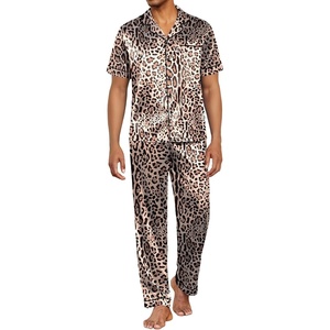 image:imageEkouaer Mens Satin Pajama Set Short Sleeve Button Down Sleepwear with Pant  Soft Cozy Summer Fall Elastic Waist Long Pants Pocket Casual Loungewear Silk Satin Pjs for Casual Daily WearLeopard Print