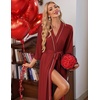 image:imageEkouaer Robes for Women Long Knit Bathrobe Soft 34 Sleeves Kimono Robe  V Neck Pockets Calf Length Lightweight Material TieWine Red
