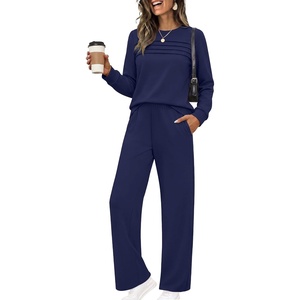 image:imageEkouaer 2 Piece Sets for Women Lounge Set Airport Fall Travel Outfits 2026  Pleated Top Long Sleeve Wide Leg Pants Casual Tracksuit Matching Sets Cozy Sweatsuits Vacation Fashion Women ClothingNavy Blue