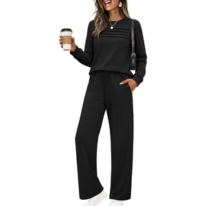 image:imageEkouaer 2 Piece Sets for Women Lounge Set Airport Fall Travel Outfits 2026  Pleated Top Long Sleeve Wide Leg Pants Casual Tracksuit Matching Sets Cozy Sweatsuits Vacation Fashion Women ClothingBlack