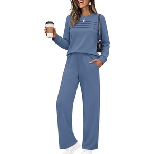 image:imageEkouaer 2 Piece Sets for Women Lounge Set Airport Fall Travel Outfits 2026  Pleated Top Long Sleeve Wide Leg Pants Casual Tracksuit Matching Sets Cozy Sweatsuits Vacation Fashion Women ClothingGrey Blue