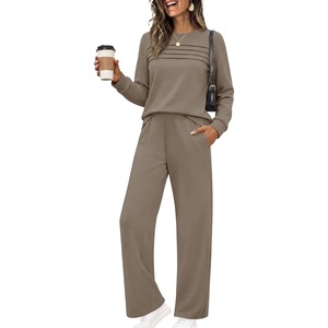 image:imageEkouaer 2 Piece Sets for Women Lounge Set Airport Fall Travel Outfits 2026  Pleated Top Long Sleeve Wide Leg Pants Casual Tracksuit Matching Sets Cozy Sweatsuits Vacation Fashion Women ClothingCoffee