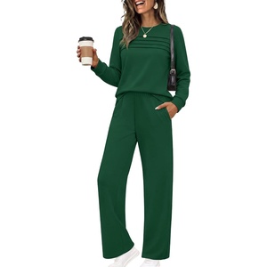 image:imageEkouaer 2 Piece Sets for Women Lounge Set Airport Fall Travel Outfits 2026  Pleated Top Long Sleeve Wide Leg Pants Casual Tracksuit Matching Sets Cozy Sweatsuits Vacation Fashion Women ClothingForest Green