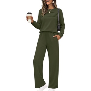 image:imageEkouaer 2 Piece Sets for Women Lounge Set Airport Fall Travel Outfits 2026  Pleated Top Long Sleeve Wide Leg Pants Casual Tracksuit Matching Sets Cozy Sweatsuits Vacation Fashion Women ClothingArmy Green
